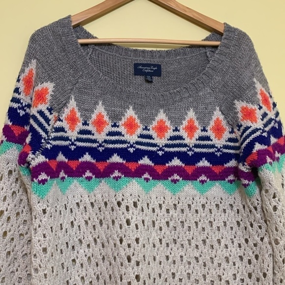 American Eagle Tribal Fair Isle Solid / Ooen Knit Boatneck Multicolor Sweater XL - Picture 3 of 17